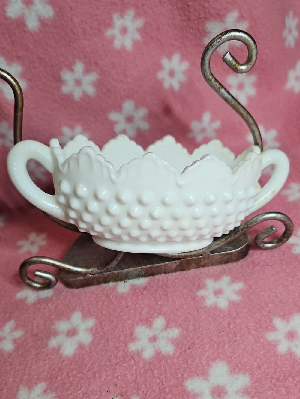 Fenton Hobnail Double Handled Candy Dish, 5" Oval Nut Snacks Serving Bowl